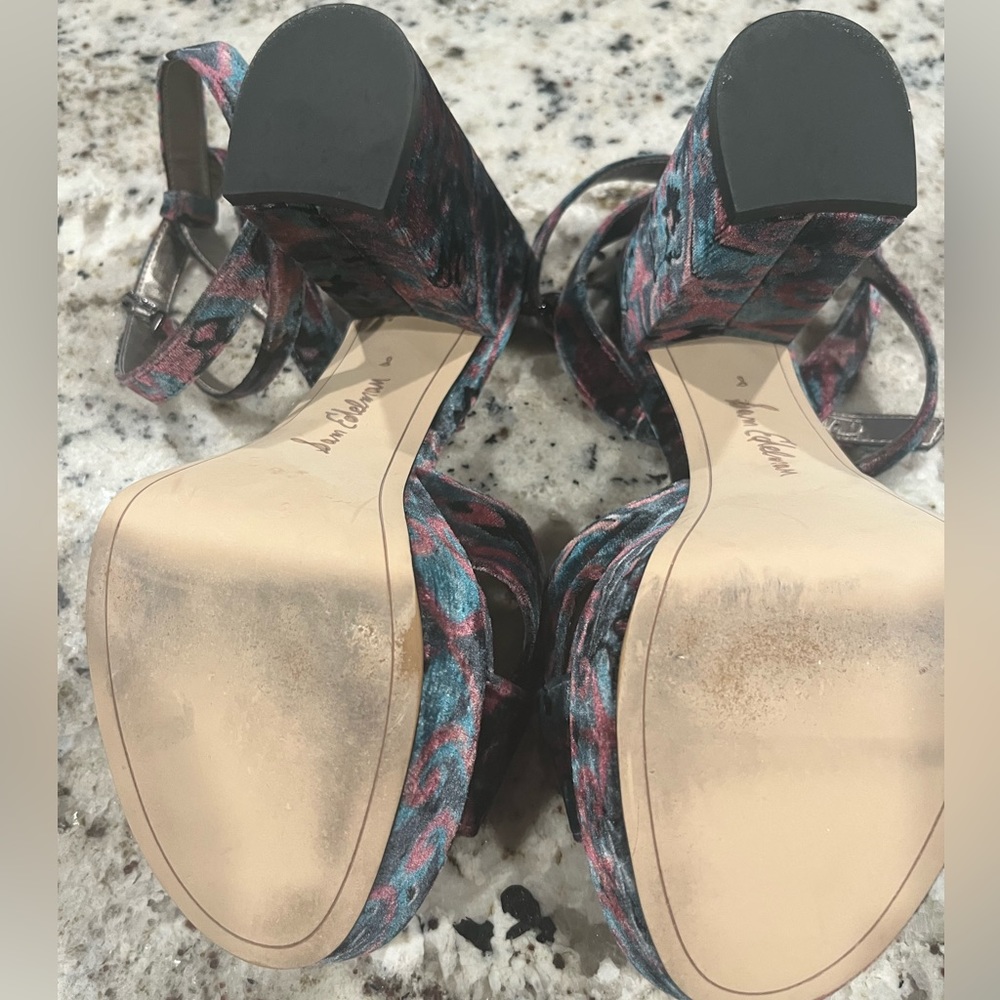 Sam Edelman Multicolor Velvet Platform Ankle-Tie Sandals - Teal, Pink, Black - Picture 9 of 10